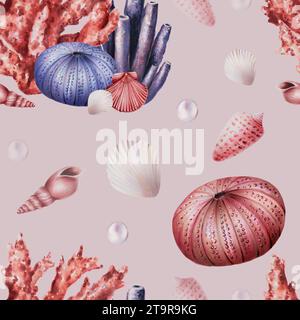Acquerello senza cuciture con coralli, ricci, conchiglie e perle. Pittura a mano clipart oggetti subacquei vita su uno sfondo bianco isolato. Per Foto Stock