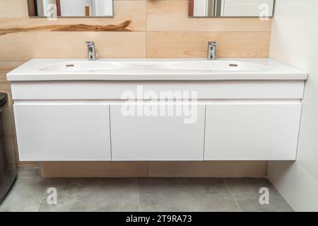 Armadietto da bagno a parete con doppio lavandino in porcellana bianca e rubinetti in argento nel bagno moderno con piastrelle in cemento e legno Foto Stock