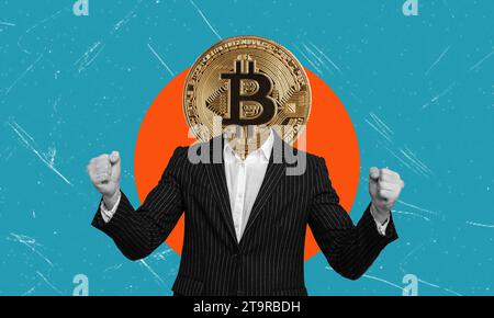 Tassi di cambio, quotazioni azionarie e affari. Uomo in costume nero con simbolo bitcoin invece della testa. Collage di arte moderna. Foto Stock