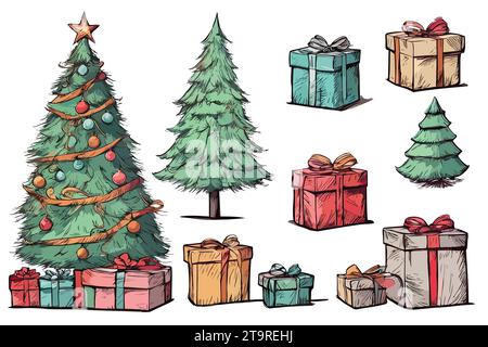 Set di alberi di Natale disegnati a mano decorati con scatole regalo e palle. Illustrazione Vettoriale