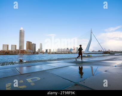 donna che fa jogging sull'argine del fiume nieuwe maas vicino al ponte erasmus visto dal lungomare di kop van zuid nella città olandese di rotterdam in una giornata di sole con Foto Stock