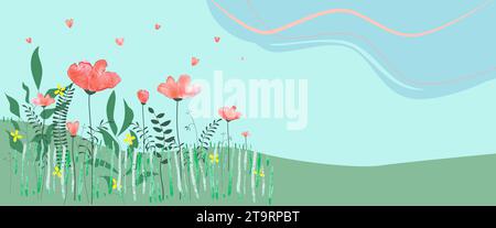 San Valentino o striscione primavera con spazio per la copia. Illustrazione vettoriale di un campo pieno di fiori rossi e petali a forma di cuore che soffiano nell'aria. Tecnologia mista Illustrazione Vettoriale