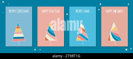 Set di biglietti natalizi per le feste. Graziose cartoline con moderni alberi di Natale geometrici e scritte. Buon Natale, felice anno nuovo, buone feste lettering Illustrazione Vettoriale