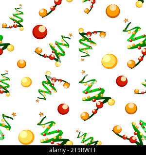 Motivo senza cuciture, inverno brillante, festività di Capodanno, albero di Natale, giocattoli di natale su sfondo bianco Illustrazione Vettoriale