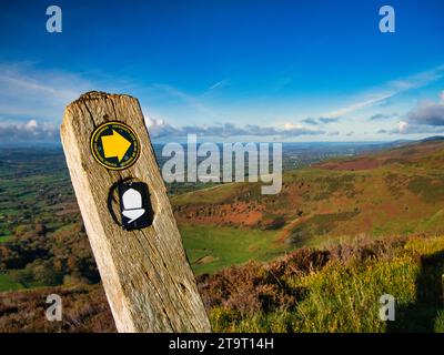 Un segnale di sentiero in legno inclinato e intemprato su Foel Fenlli sul sentiero Offa's Dyke nella catena montuosa Clwydian nel Galles del Nord. Preso in una giornata di sole Foto Stock