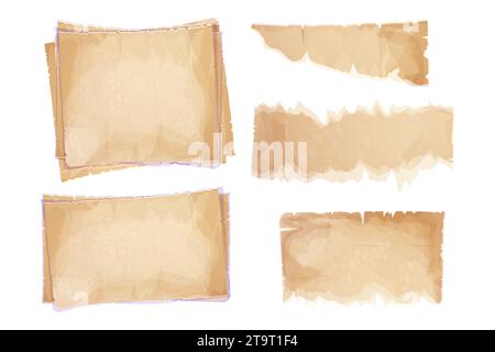 Carta pergamena, pezzi strappati, vecchi fogli in stile cartone animato, note vuote testurizzate isolate su sfondo bianco. Elementi dell'interfaccia utente del gioco. Illustrazione vettoriale Illustrazione Vettoriale