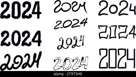 Serie di illustrazioni 2024 anni carattere per calligrafia orizzontale nero. Vettore. Sfondo bianco. Tipografia isolata testo in grassetto per logo, volantino, banne Illustrazione Vettoriale