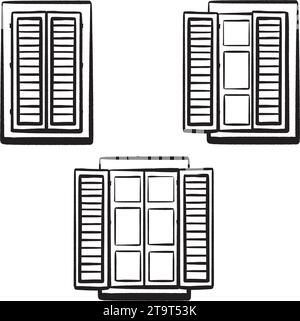 Imposta. Diversi finestrini aperti e chiusi. Vettore disegnato a mano di inchiostro. Finestra italiana con persiane. Telaio in legno. Simbolo delle case italiane nel centro storico. Apri Illustrazione Vettoriale