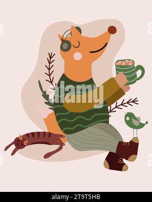 Illustrazione carina con volpe rossa che beve tè caldo e ascolta musica, gatto pigro, uccello. Design vettoriale perfetto per poster, biglietti d'auguri e vari progetti creativi. Vettore. Illustrazione Vettoriale