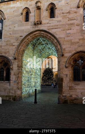 Ammira l'albero di Natale attraverso l'arco illuminato, la porta dello scacchiere, Lincoln City, Lincolnshire, Inghilterra, REGNO UNITO Foto Stock