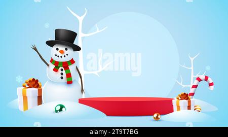 Paesaggio invernale con fondo innevato, banner prodotto, piattaforma podio con pupazzo di neve e scatole regalo. Illustrazione vettoriale Illustrazione Vettoriale