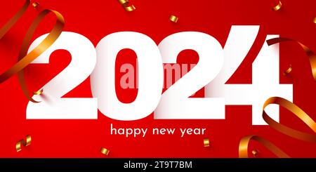 Felice anno nuovo 2024. Festività numero 2024 con coriandoli. Poster o banner festivi. Illustrazione vettoriale Illustrazione Vettoriale