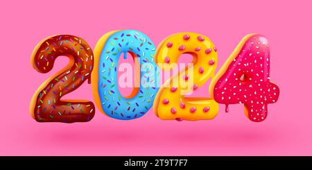 Buon biglietto d'auguri buon anno 2024. Numeri dolci colorati smaltati. Biglietto d'auguri, banner, poster. Illustrazione vettoriale Illustrazione Vettoriale