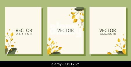 Set di tre modelli di sfondo primaverili vettoriali con bellissimi fiori e foglie di carta. Illustrazione Vettoriale