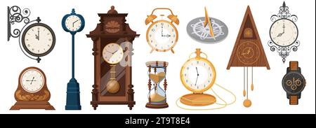 Gli orologi vintage impostano l'illustrazione vettoriale. Collezione di dispositivi classici antichi isolati con cartoni animati con orologio da tasca e orologio a cucù, clessidra e. Illustrazione Vettoriale