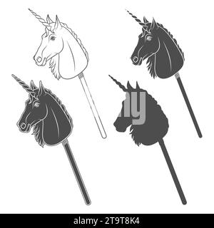 Set di illustrazioni in bianco e nero con un giocattolo di cavalli da hobby a unicorno sul bastone. Oggetti vettoriali isolati su sfondo bianco. Illustrazione Vettoriale