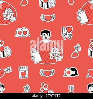 Motivo san valentino senza cuciture. Corriere uomo con regalo, simboli amore, segni, cuori e frecce su sfondo rosso. Illustrazione vettoriale. Design festivo per V Illustrazione Vettoriale