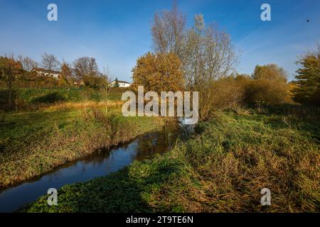 Dortmund, Renaturalized Emscher in Dortmund Aplerbeck. Il fiume è stato trasformato in un campo d'acqua quasi naturale Foto Stock