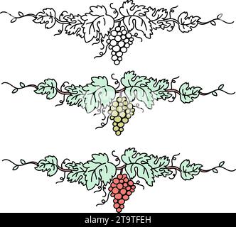 Set di viti per uva. Decorazioni in stile vino disegnate a mano con inchiostro vintage, cornice floreale a bacca d'uva. illustrazione vettoriale Illustrazione Vettoriale