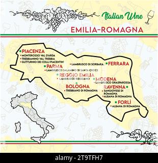Carta dei vini tipici dell'Emilia Romagna, Italia. illustrazione vettoriale Illustrazione Vettoriale