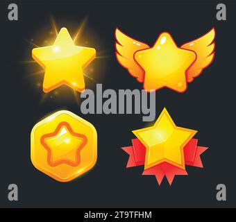 Set di icone stella vettoriale. Design icona raccolta per gioco, interfaccia utente, banner, design per app, interfaccia, sviluppo di videogame. Bonus e oggetti icona stella Illustrazione Vettoriale