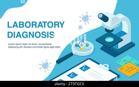 Diagnosi di laboratorio e servizi nel concetto di assistenza sanitaria, banner medico pagina di destinazione Illustrazione Vettoriale