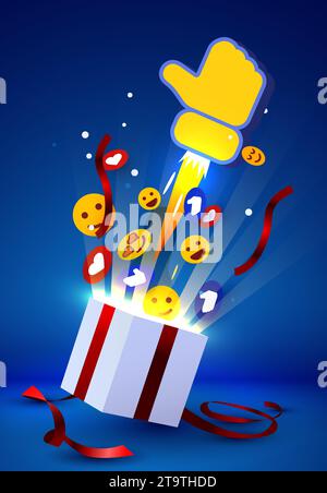 Apri la confezione regalo con emoji ed esplosione con pollice. Social media marketing. Illustrazione vettoriale Illustrazione Vettoriale