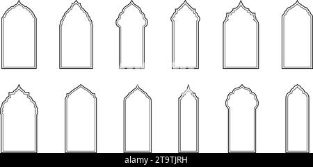 Delineare il design islamico di finestre e archi. Un'illustrazione vettoriale perfetta per le celebrazioni del Ramadan e dell'Eid Mubarak. Illustrazione Vettoriale