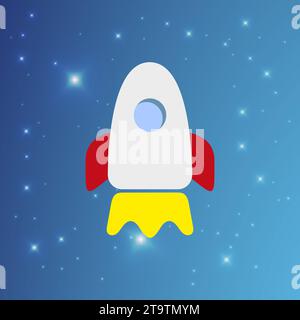 Illustrazione vettoriale di un razzo su uno sfondo celeste circondato da stelle. Razzo che decolla nello spazio. Avviare un'attività, un'impresa di successo Illustrazione Vettoriale