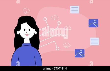 Illustrazione vettoriale di una donna che utilizza la tecnologia per l'organizzazione di file nel cloud e la condivisione di file in rete. Tecnologia per le aziende Illustrazione Vettoriale