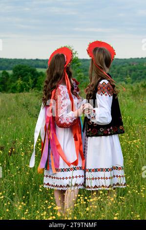 Un gruppo di ragazze sta camminando in un campo, sono vestite con abiti etnici e nazionali ucraini, hanno corone con nastri sulla testa. Foto Stock