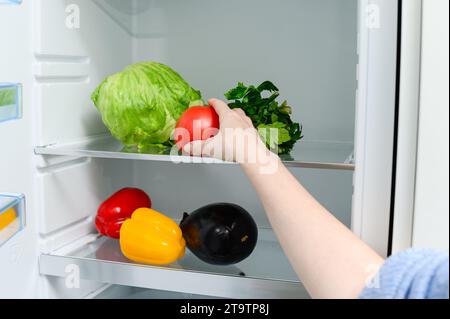 Verdure fresche stese sullo scaffale nel frigo. La mano di una donna tiene un pomodoro sullo sfondo di un frigorifero. Foto Stock