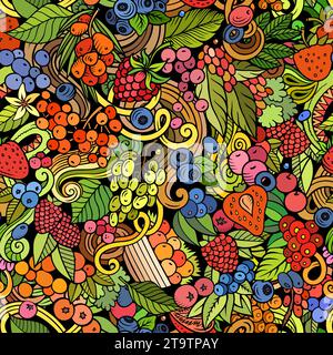 Gli scarabocchi vettoriali dei cartoni animati sul tema del motivo senza cuciture Berry Fruits presentano una varietà di oggetti e simboli di bacche. Bizzarro giocoso colorato b Illustrazione Vettoriale