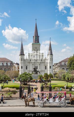 I venditori di cavalli e carrozze si allineano su Decatur Street di fronte a Jackson Square e al St. Louis nel quartiere francese di New Orleans, LOUISIANA Foto Stock