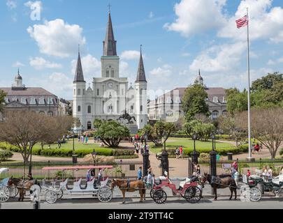 I venditori di cavalli e carrozze si allineano su Decatur Street di fronte a Jackson Square e al St. Louis nel quartiere francese di New Orleans, LOUISIANA Foto Stock