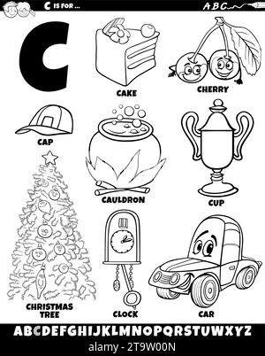 Illustrazione di cartoni animati di oggetti e caratteri impostati per la pagina di colorazione della lettera C. Illustrazione Vettoriale