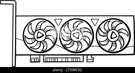 illustrazione di un cartone animato in bianco e nero della pagina di colorazione della clip art del componente del computer della scheda grafica Illustrazione Vettoriale