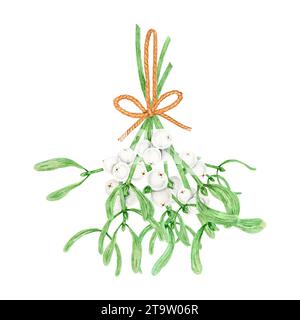 Bouquet di rami sempreverdi di Mistletoe con foglie e bacche bianche. Acquerello illustrazione botanica disegnata a mano del simbolo di Natale. Impianto per Foto Stock