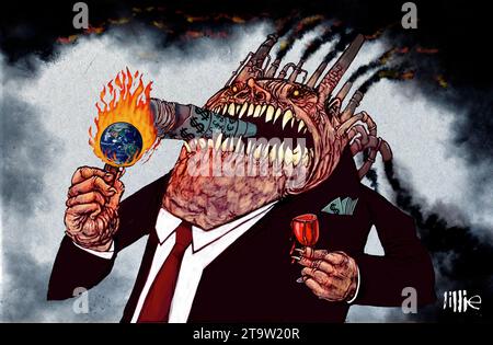 Arte satirica, rappresentante industria inquinante, nazioni ricche, avidità, sigaro che brucia il pianeta, vetro trabocca di sangue, crisi climatica. Foto Stock