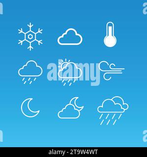 Set di icone libere linea vettoriale meteo. Contiene simboli di sole, nuvole, fiocchi di neve, vento, arcobaleno, luna e molto altro ancora. Illustrazione Vettoriale