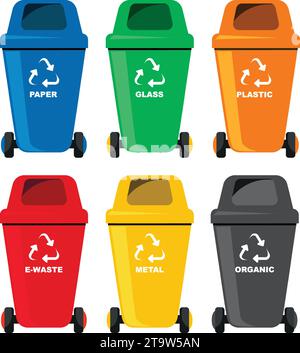 Set di cestini con simbolo di riciclaggio isolati su sfondo bianco. Illustrazione Vettoriale. Illustrazione Vettoriale