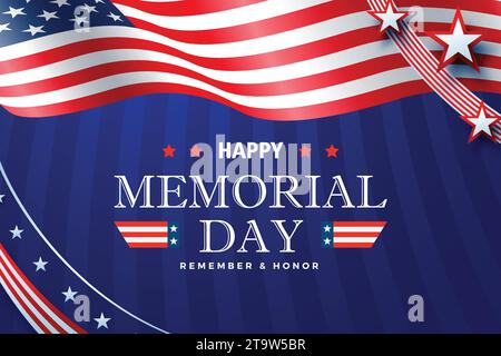 Memorial Day - poster Remember and Honor. Celebrazione del giorno commemorativo degli Stati Uniti. Festa nazionale americana. Modello di invito con testo rosso e fla salutare Illustrazione Vettoriale