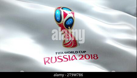 Mosca, Russia, 14 giugno 2018, FIFA - tessitura della bandiera del logo ufficiale della Coppa del mondo di calcio in Russia 2018, solo uso editoriale Foto Stock