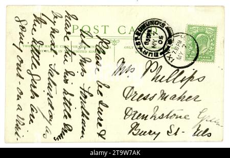 Retro della cartolina edoardiana originale con francobollo e timbro postale, francobollo verde Edward V11, U.K, pubblicato / datato 7 maggio 1905, da Bury St Edmunds, Suffolk, Inghilterra, Regno Unito Foto Stock