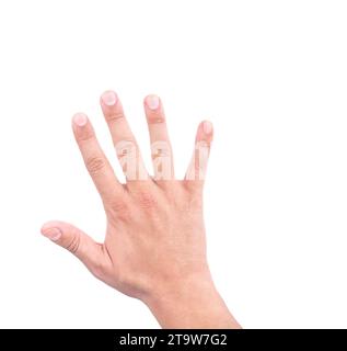 mano di un uomo che mostra cinque conti su sfondo bianco Foto Stock