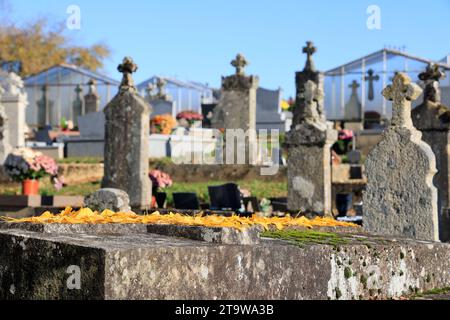 L'autunno è arrivato nel sud-ovest della Francia. Colori autunnali in un cimitero di campagna. Foglie d'autunno gialle sulla croce cattolica di un'antica tomba in Foto Stock