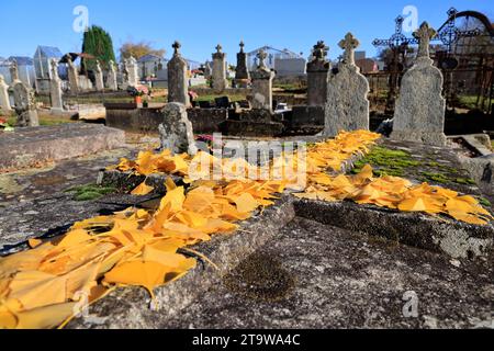 L'autunno è arrivato nel sud-ovest della Francia. Colori autunnali in un cimitero di campagna. Foglie d'autunno gialle sulla croce cattolica di un'antica tomba in Foto Stock