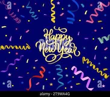 Biglietto d'auguri di Capodanno con Confetti, serpentina. Illustrazione Vettoriale