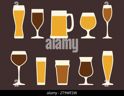 Set di bicchieri da birra e tazze. Menu di raccolta bevande alcoliche. Visualizzazione etichettata con diversi tipi di occhiali per lager, pilsner, ale, dunkel Illustrazione Vettoriale