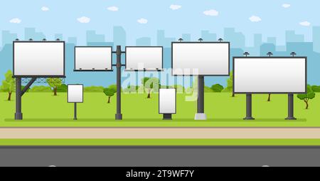 Tabellone per affissioni vuoto. Paesaggio urbano con cartelloni vuoti. Banner vuoto per esterni in città, grande formato per i media pubblicitari. Poster pubblicitario per esterni Illustrazione Vettoriale
